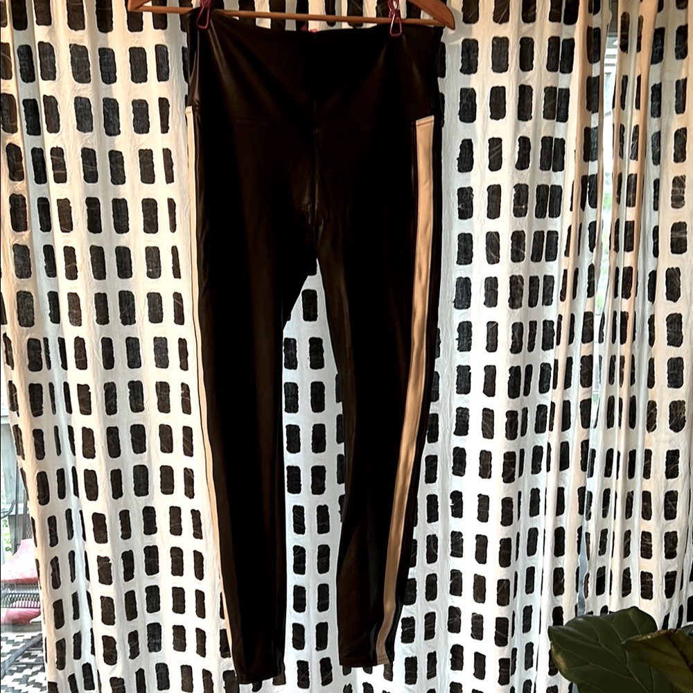 SPANX Faux Leather Black Leggings with White track pant stripe